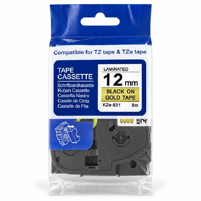 Zlat laminiran trak KZe-831, 12 mm x 8 m, črn tisk